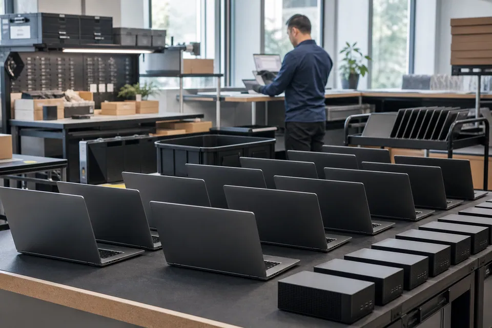 Business laptops organized for procurement, preparation, deployment, and lifecycle management.