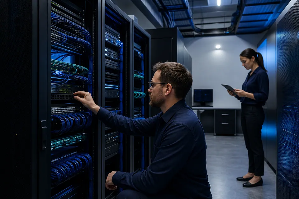 Technology professionals coordinating systems from a refined network operations workspace.