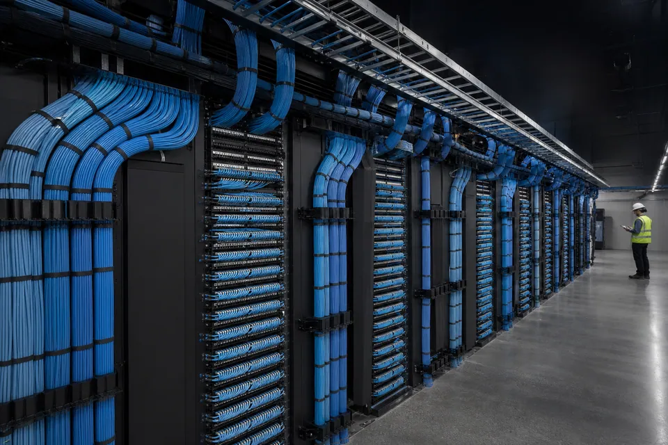 A large structured-cabling installation with precisely dressed category cable entering enterprise network racks.